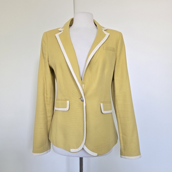 Banana Republic Mustard Yellow Ivory Tipped Blazer One Button Size 8 Preppy - Picture 2 of 16